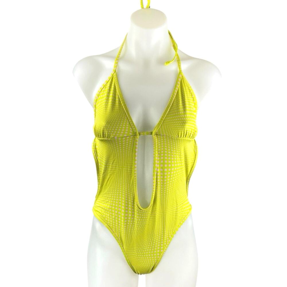 Frankies Bikinis Amanda Neon Green Dotted Halter One Piece Bikini Swimsuit Sz L